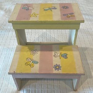 Vintage Y2K step stool wooden butterflies flowers girls yellow blue purple pink